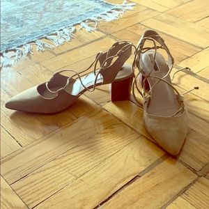 Tahari never worn pointy toe strap up suede shoe